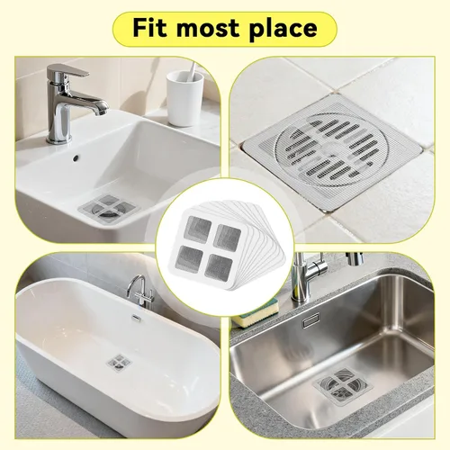 Vista 3 de 100 piezas desechables para cabello de ducha, cubiertas de drenaje de malla de 4 x 4 pulgadas y calcomanías, protector de filtro para ducha, bañera