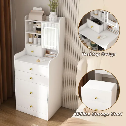 Vista 4 de Runboll - Mesa de Tocador Compacta con Taburete de Almacenamiento y Espejo Iluminado Ajustable, Escritorio de Maquillaje Pequeño 3-en-1 con 4
