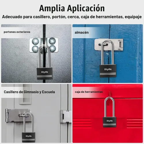 Vista 7 de Diyife [Versión mejorada] Candado de aluminio con llave - Candado de grillete largo impermeable con 2 llaves para escuela, casillero de gimnasio