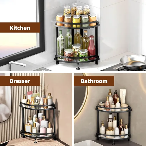 Vista 3 de Organizador de mostrador de baño negro XL, organizador de baño de 2 niveles, almacenamiento de cocina de esquina de gran capacidad, bandeja