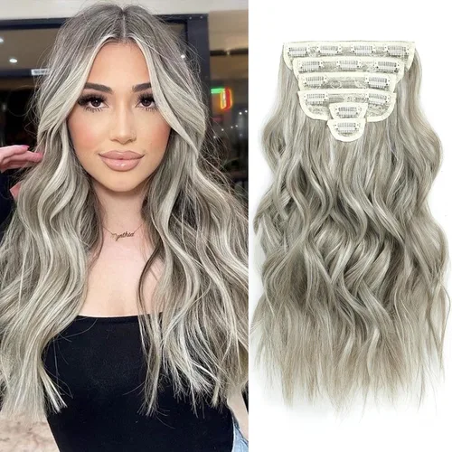 Vista 22 de Fliace Extensiones de cabello con clip para mujer, extensiones de cabello ondulado largo de color marrón medio, extensiones de cabello sintético