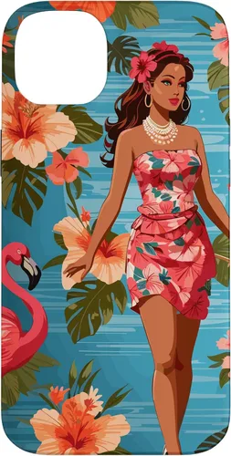 Vista 15 de iPhone 12 Pro Max Vintage Tiki Design - Funda hawaiana retro de flores hula y flamencos