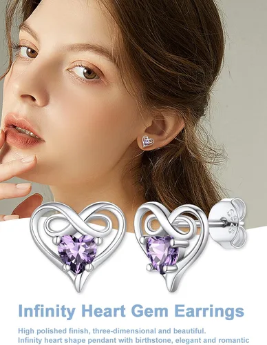 Vista 3 de SILVERCUTE Aretes de corazón infinito con piedra natal para mujer, plata de ley 925, joyería de moda, regalo de San Valentín, aniversario