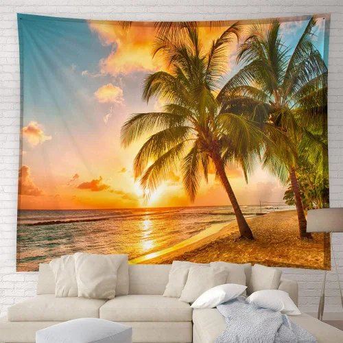 Vista 7 de YSATNSFT Tapiz con diseño de puesta de sol tropical, playa, palmera, cielo anochecer, Hawái, playa, naturaleza, paisaje marino, decoración