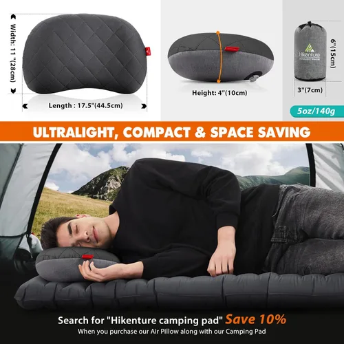 Vista 6 de Hikenture Colchoneta doble grande con 2 almohadas inflables para acampar, color gris