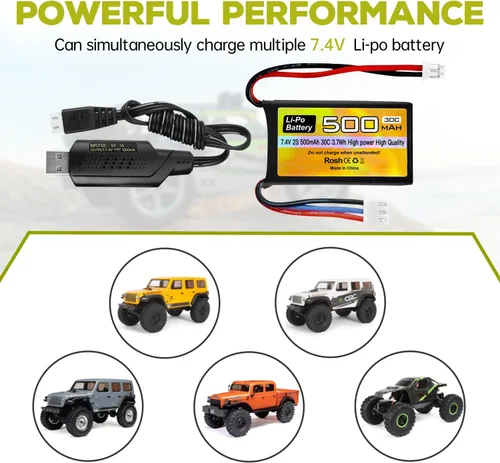 Vista 5 de Batería Lipo de 7.4 V, 500 mAh, 30 C, batería de drones con enchufe PH2.0 para modelos de automóvil AX24 SCX24 RC compatibles con la mayoría