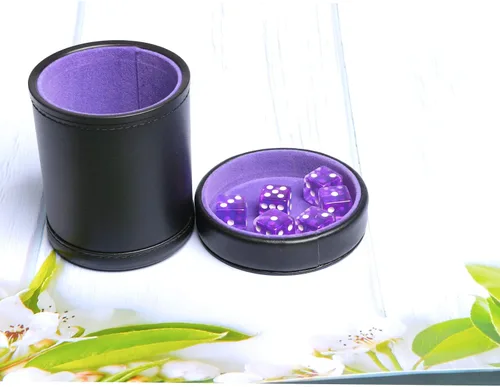 Vista 7 de Taza de dados de piel sintética con forro de terciopelo morado con tapa, incluye 6 dados translúcidos morados para mentirosos dados Farkle Yahtzee