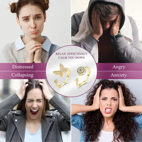 Vista 4 de BELLNA Anillos antiestrés para aliviar la ansiedad para mujeres con mal de ojo mariposa corazón con circonita cúbica para hombres para aliviar