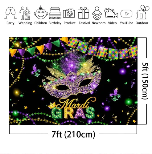 Vista 4 de Mocsicka Mardi Gras - Telón de fondo con purpurina dorada y verde púrpura, máscara de fiesta de máscaras, decoración de fiesta de carnaval, baile