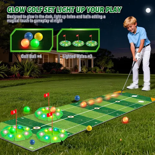 Vista 2 de VATOS Juego de juguetes de golf para niños, juego de golf iluminado con tapete de putting de 6.5 pies, putter de golf, 3 agujeros, 4 bolas