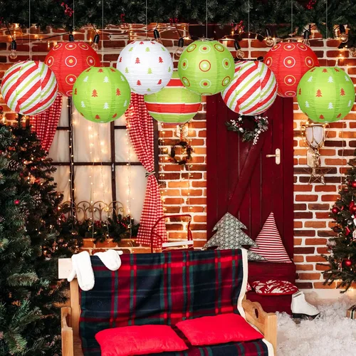 Vista 4 de Bencailor Juego de 12 linternas de papel colgantes de Navidad, linternas decorativas para fiesta de Navidad, lámparas colgantes redondas