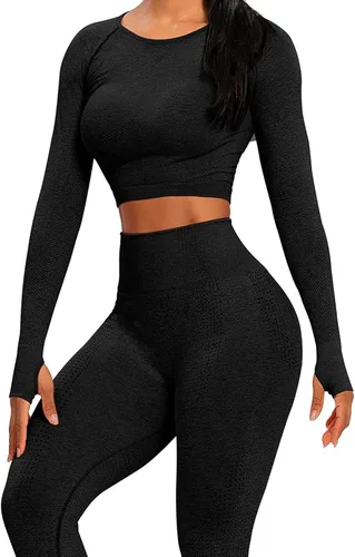 Vista 2 de SEASUM Conjuntos de entrenamiento para mujer, cintura alta, sin costuras, lindos leggings de yoga, conjuntos de entrenamiento para mujer, ropa