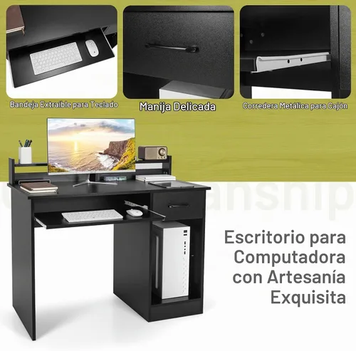 Vista 6 de Tangkula Escritorio para computadora con cajón y bandeja para teclado, escritorio de estudio moderno con gabinete de escritorio y estantes de Negro