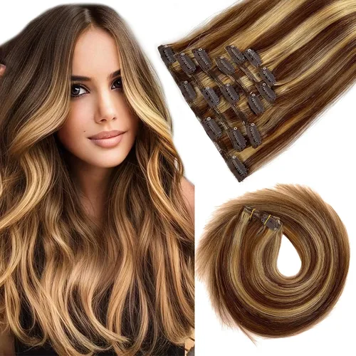 Vista 17 de Extensiones de cabello humano real con clip, de 12 pulgadas, para mujer, color rubio plateado, balayage, 2.47 oz, 7