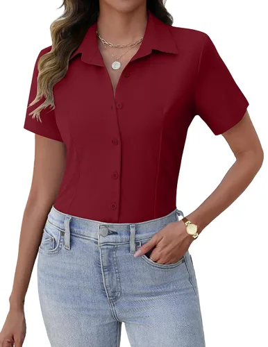 Vista 8 de Zeagoo Camisas de vestir de manga corta con botones para mujer, blusas básicas de trabajo con cuello de negocios