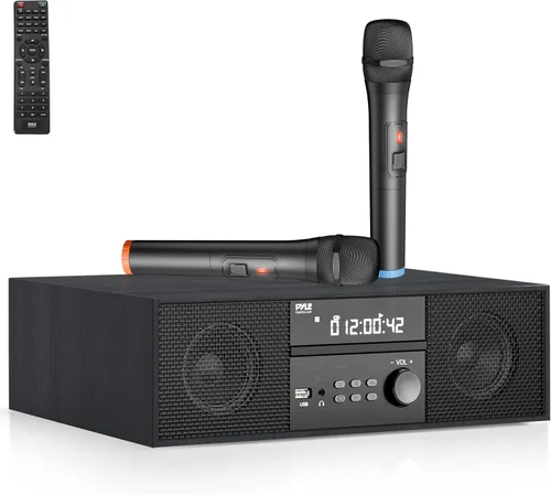 Vista 8 de Pyle Sistema de estante estéreo para CD/DVD para el hogar, reproductor de 200 W con micrófono inalámbrico, conectividad BT, radio Gris