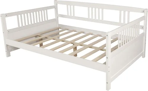 Vista 6 de Sofá cama de madera maciza de tamaño matrimonial, marco multifuncional para dormitorio/sala de estar, con soporte de tablas/espacio de Blanco Clásico