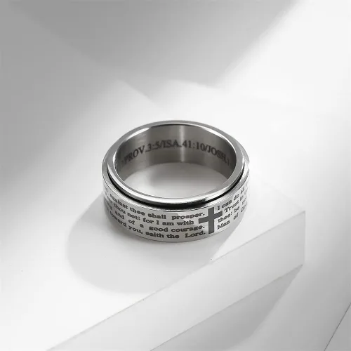 Vista 2 de Anillo inspirador de versículos de la Biblia giratorio, cruz y crucifijo de fe, anillo grueso para hombres y niños, de acero inoxidable