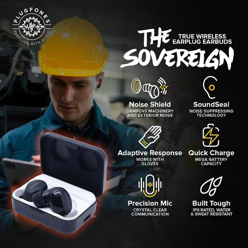 Vista 2 de Plugfones Sovereign - Audífonos inalámbricos Bluetooth (26 dB, NRR OSHA) ANSI tested hearing protection for work, compliant safety headphones, 40