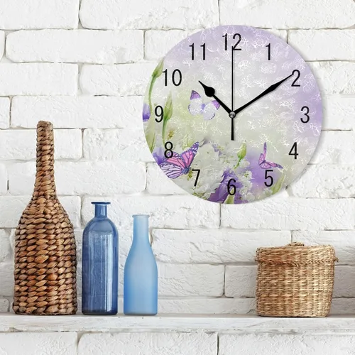 Vista 3 de ALAZA Decoración del hogar Hermosa flor mariposa redondo acrílico 9.5 pulgadas reloj de pared sin tictac silencioso arte para sala de estar, cocina