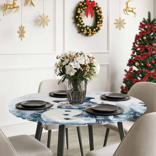 Vista 6 de Mantel redondo de Navidad de 36 a 44 pulgadas, mantel impermeable con borde elástico para fiestas de vacaciones en interiores y exteriores, árbol