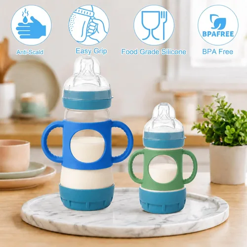 Vista 3 de BUSOHA Paquete de 2 fundas de silicona para biberón de silicona MAM Azul + verde
