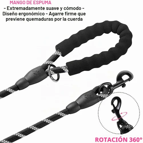 Vista 4 de JSXD Correa resistente de doble asa para perro, 5 pies, acolchada y reflectante, cuerda para perros pequeños a grandes (negro)