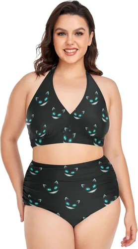 Vista 9 de Bikini de 2 piezas para mujer, talla grande, cintura alta, cuello halter, fruncido, control de abdomen Murciélagos Cruces Estrellas