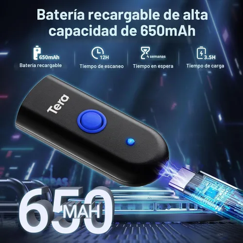 Vista 2 de Tera Escáner de código de barras portátil inalámbrico: mini lector de Azul láser 1D