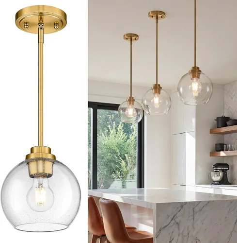 Vista 20 de Luces Colgantes para Isla de Cocina, 7" Luminarias Colgantes Negras y Doradas con Pantalla de Globo de Vidrio Transparente, Iluminación Moderna