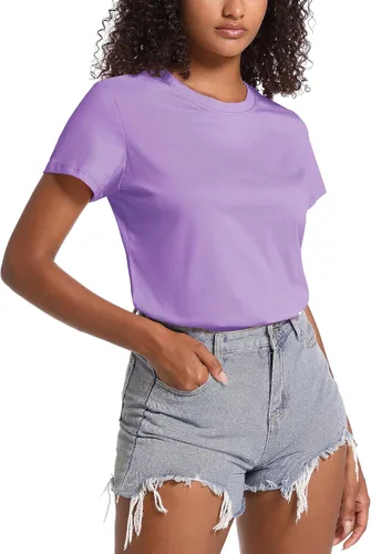 Vista 3 de TACVASEN Camisetas de algodón para mujer, camiseta de manga corta, casual, camisetas básicas con cuello redondo