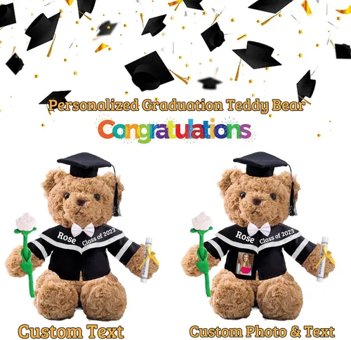 Vista 2 de Oso de graduación con rosa + lazo, regalos de graduación personalizados, oso de peluche con foto + texto personalizado como regalo único para ella