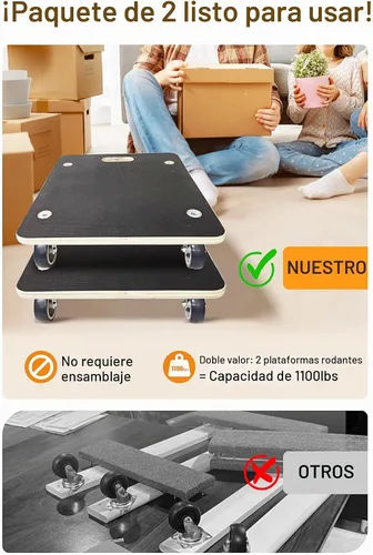Vista 3 de Carretilla de mudanza resistente de 1100LB con forma de rectángulo - Paquete de 2 con ruedas silenciosas de 3" de TPR, plataforma de madera