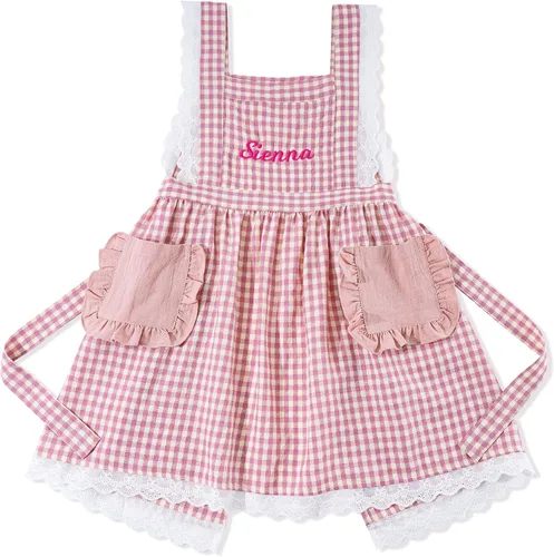 Vista 9 de MT WORLD Girls Apron Personalized Linen Kids Aprons for Cooking Toddler Girls Cross Back Apron Pinafore for Baking Crafting