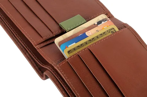 Vista 4 de AULIV Cartera minimalista de piel con bloqueo RFID para hombre, delgada, antirrobo, soporte para tarjetas de crédito, clip para dinero