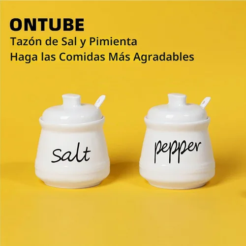 Vista 6 de ONTUBE Cuencos de cerámica para sal y pimienta con tapa y cuchara 12oz (blanco)