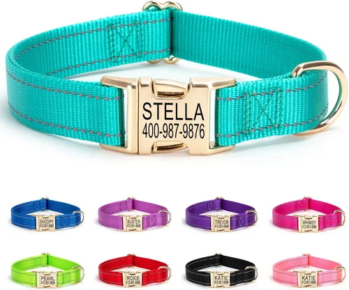 Vista 18 de Collar personalizado para perro con etiqueta de nombre, collar de nailon reflectante para mascotas, collares de perro con hebilla dorada grabada