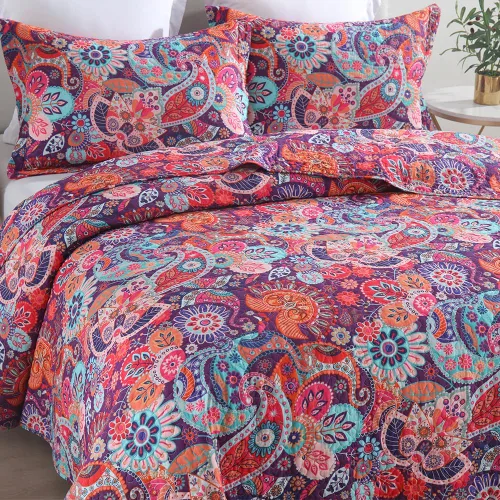 Vista 4 de VISIMISI - Juego de colchas de algodón, juego de cubrecama reversible con estampado floral de cachemira bohemio, patrón rojo bohemio hermoso