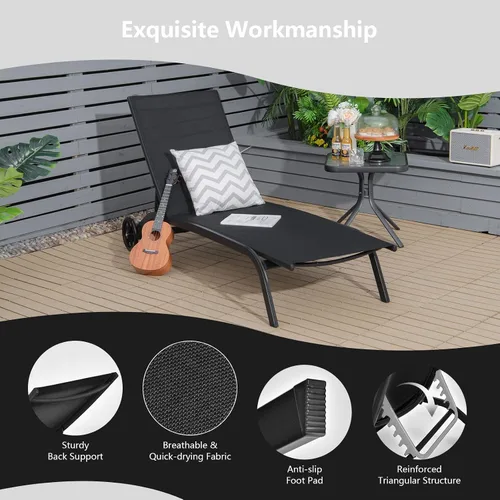 Vista 8 de COSTWAY Tumbona para exteriores con ruedas, silla de bronceado ajustable de 6 posiciones con marco de aluminio estable, silla de descanso portátil