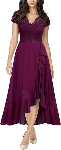 Vista 8 de Miusol - Vestido largo elegante de mujer con vuelos de encaje y cuello en V para damas de honor negro (C-BLACK)