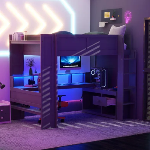 Vista 10 de KLMM Cama loft de madera creativa de tamaño individual con escritorio y estantes de almacenamiento múltiple, LED y un perchero para colgar ropa
