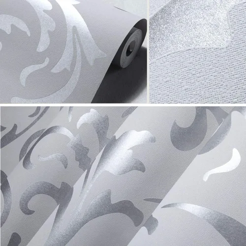 Vista 3 de Q QIHANG Moderno Simple 3D Estilo Europeo Veza Hoja Tela No Tejida Sala de estar TV Fondo No Pegado Papel pintado 1.73' Ancho x 32.8' L (Plata)