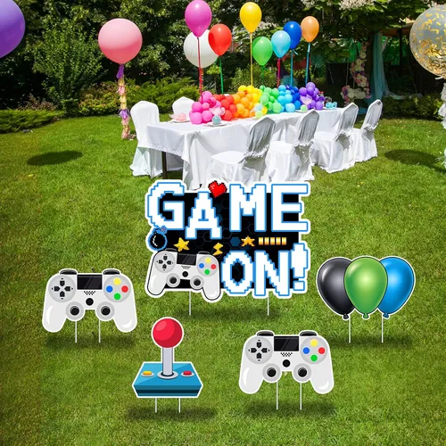 Vista 5 de Letreros de juego en video juego con estacas - Incluye palo de control remoto de juego y letreros de globo - Señales y estacas resistentes a