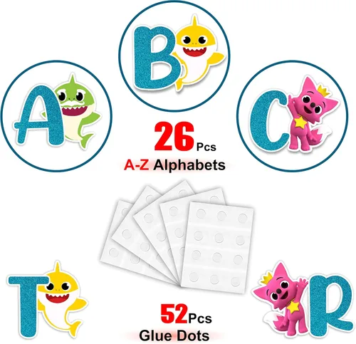 Vista 4 de BBY Shrk A-Z - Adhesivo decorativo para pared, diseño colorido de caricaturas con letras con iconos del océano, suministros educativos divertidos