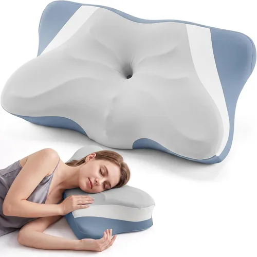 Vista 27 de OLIXIS Almohada cervical de contorno para aliviar el dolor de cuello, ergonómica de doble altura Azul