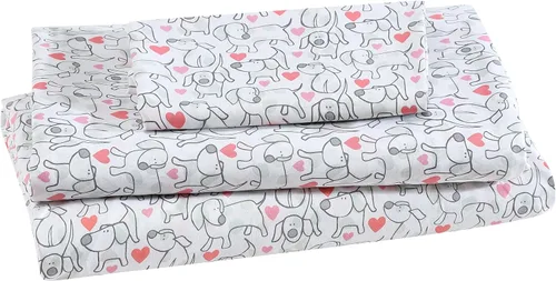 Vista 23 de Juego de sábanas de microfibra suave estampada de 4 piezas, White Puppy Love Amor de cachorro blanco