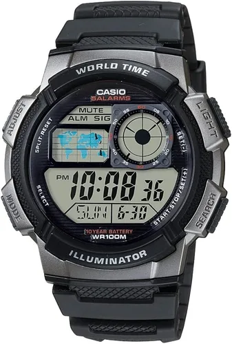 Vista 6 de Casio AE1000W Series Men’s Digital Watch 100M WR Multi Alarms 100 SEC Stopwatch Countdown Timer World Map for World Time LED Light
