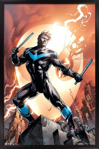 Vista 9 de Trends International DC Comics Nightwing - Póster de pared de fuego, 14.725 x 22.375 pulgadas, versión enmarcada de madera de granero