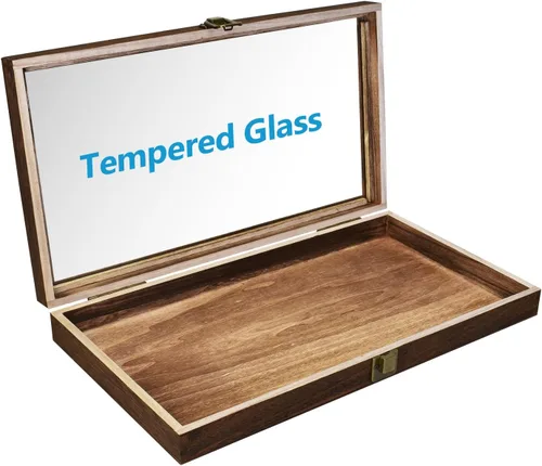 Vista 3 de MOOCA Caja de almacenamiento de 2 piezas de vidrio templado de madera con cierre de metal, bandeja de joyería de madera para coleccionables