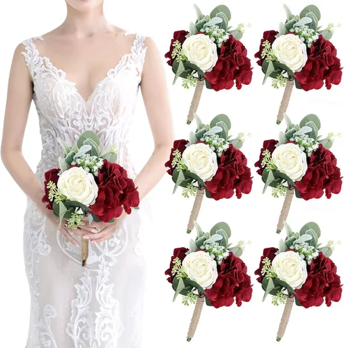 Vista 24 de Ramo de dama de honor artificial para boda, ramo de flores de seda prefabricadas de 7 pulgadas, ramo de flores pequeñas para dama de honor